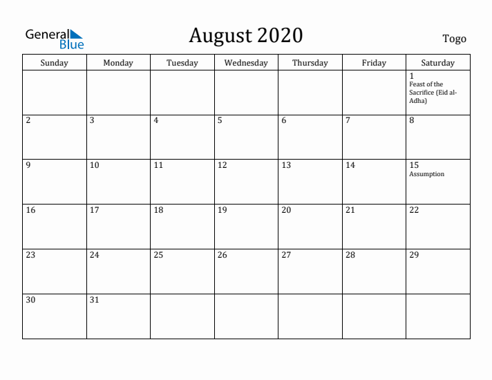 August 2020 Calendar Togo