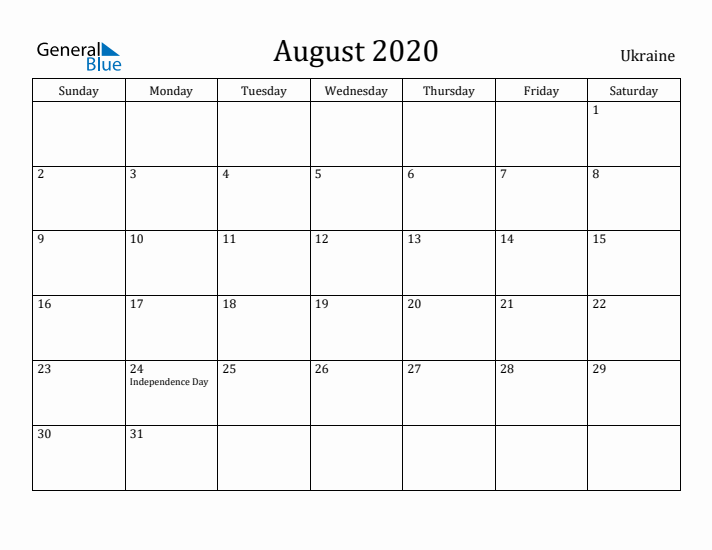 August 2020 Calendar Ukraine