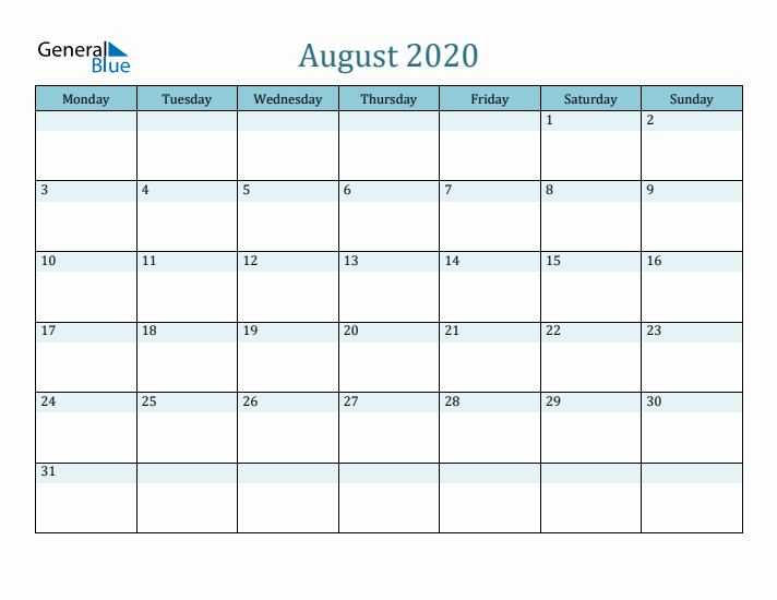 August 2020 Printable Calendar