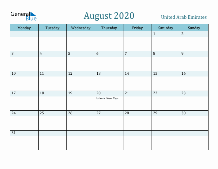 August 2020 Calendar with Holidays