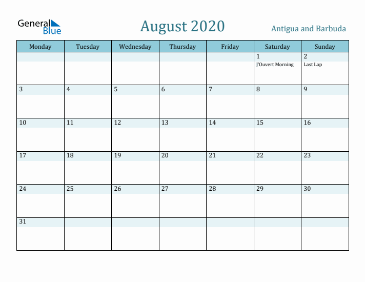 August 2020 Calendar with Holidays