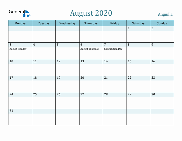 August 2020 Calendar with Holidays