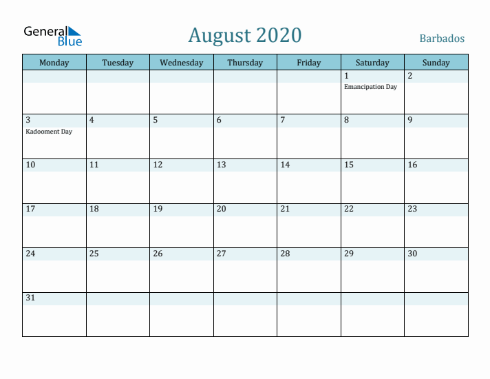 August 2020 Calendar with Holidays