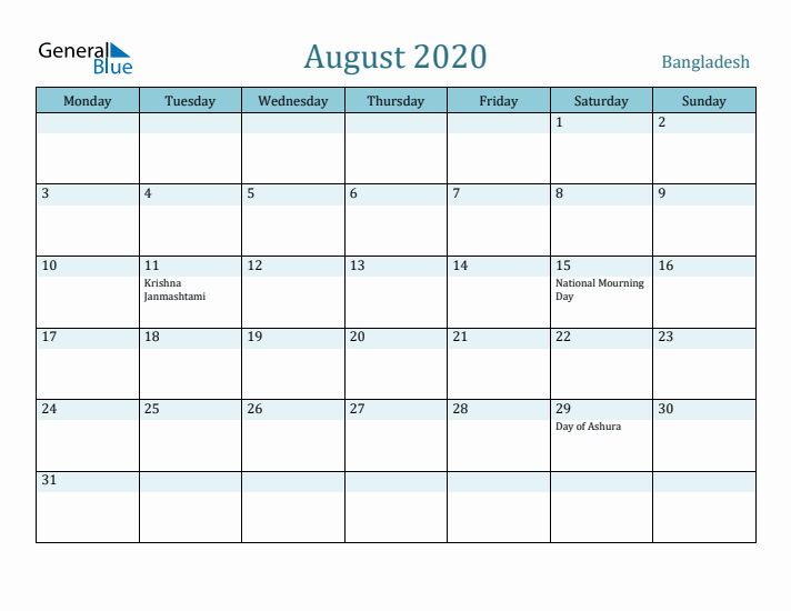 August 2020 Calendar with Holidays