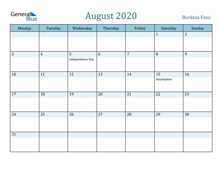 August 2020 Calendar with Holidays