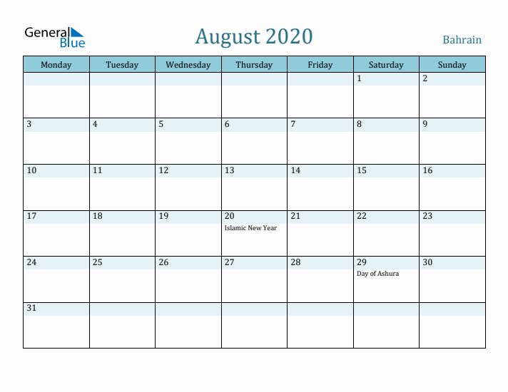 August 2020 Calendar with Holidays