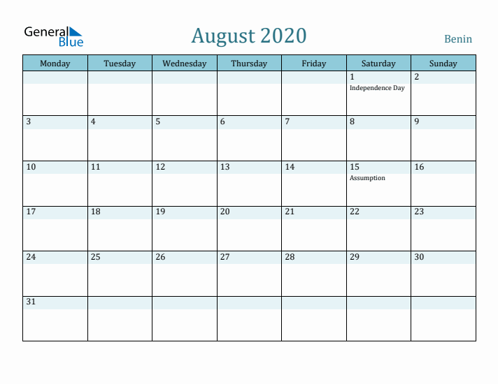 August 2020 Calendar with Holidays