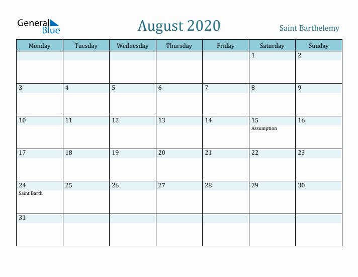 August 2020 Calendar with Holidays