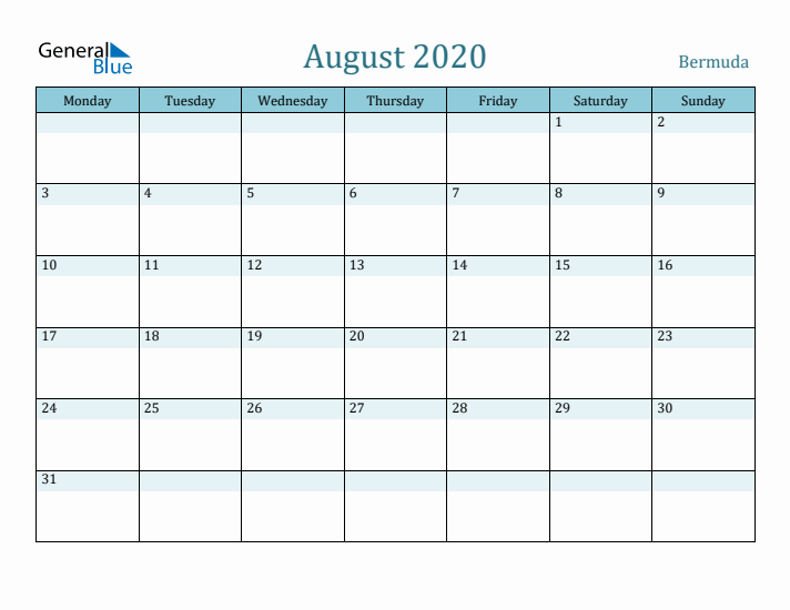 August 2020 Calendar with Holidays