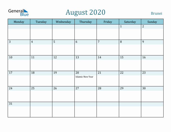 August 2020 Calendar with Holidays