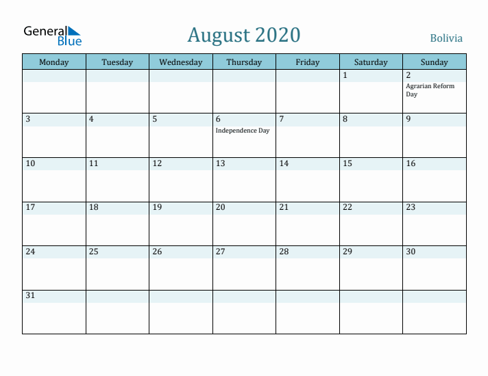 August 2020 Calendar with Holidays