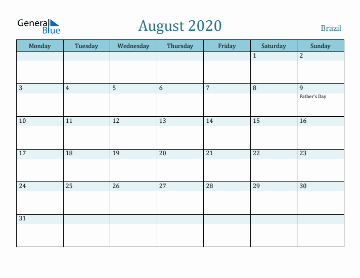 August 2020 Calendar with Holidays