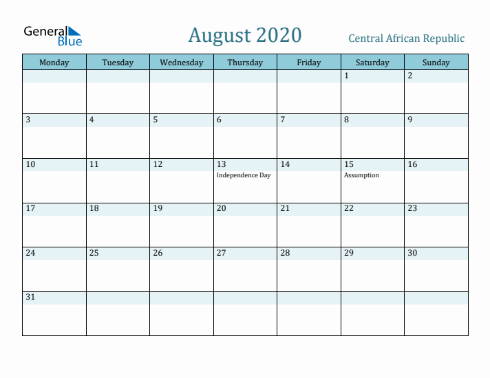 August 2020 Calendar with Holidays