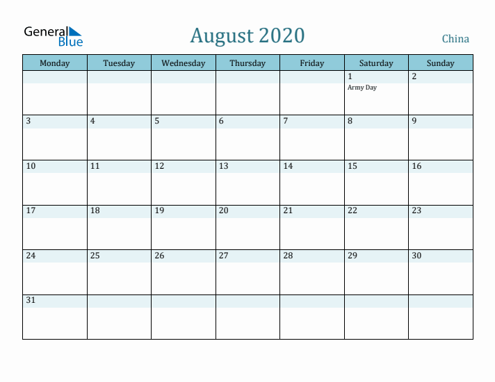 August 2020 Calendar with Holidays