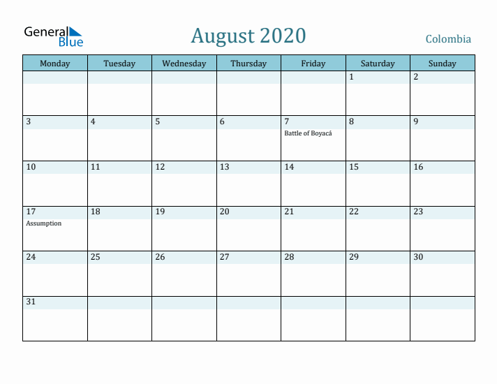 August 2020 Calendar with Holidays