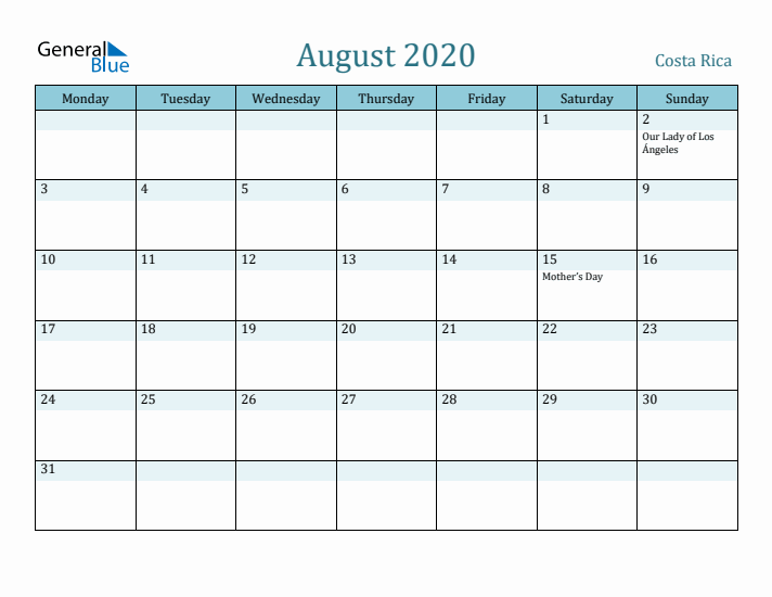 August 2020 Calendar with Holidays