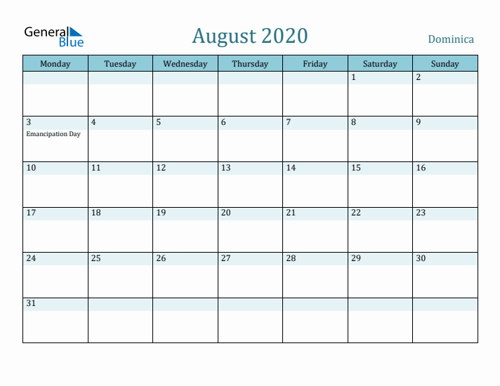 August 2020 Calendar with Holidays