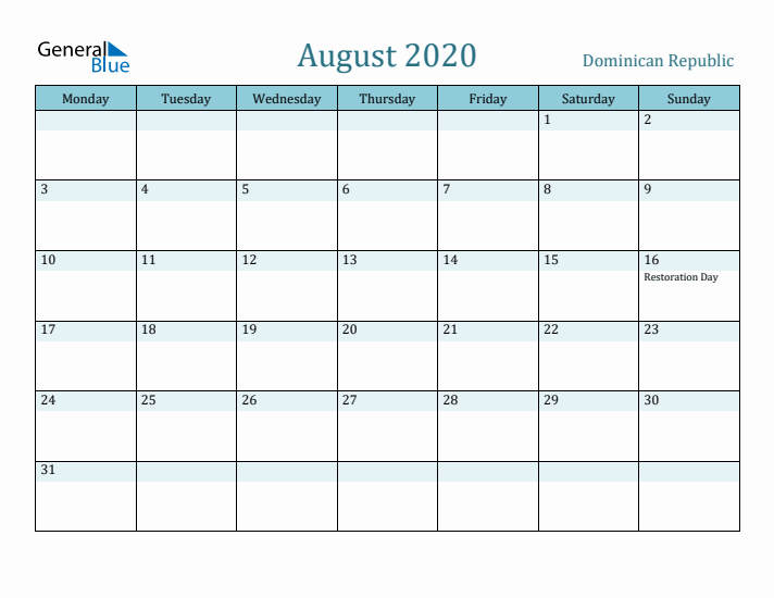 August 2020 Calendar with Holidays