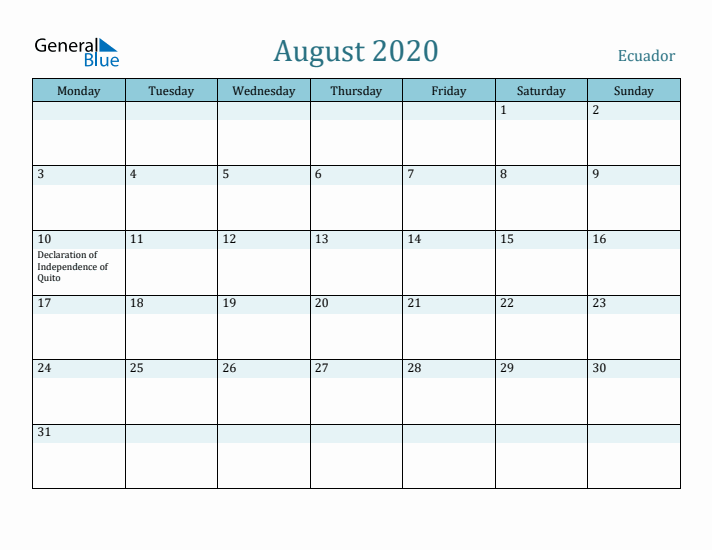 August 2020 Calendar with Holidays