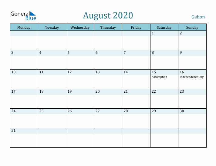 August 2020 Calendar with Holidays