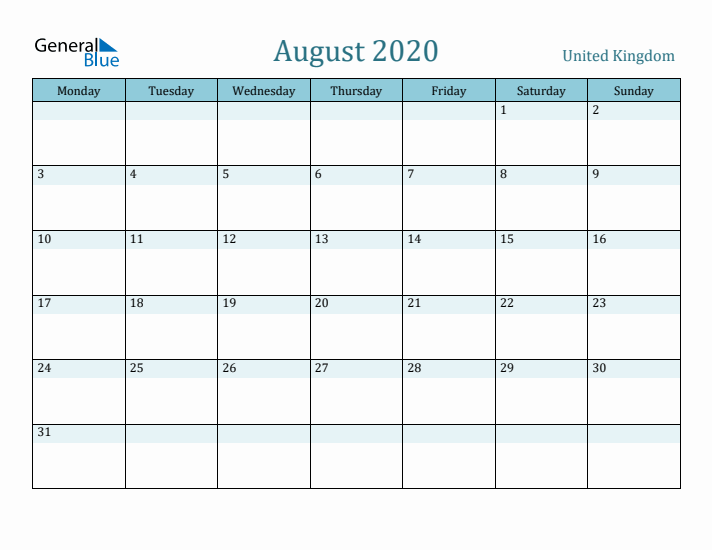 August 2020 Calendar with Holidays