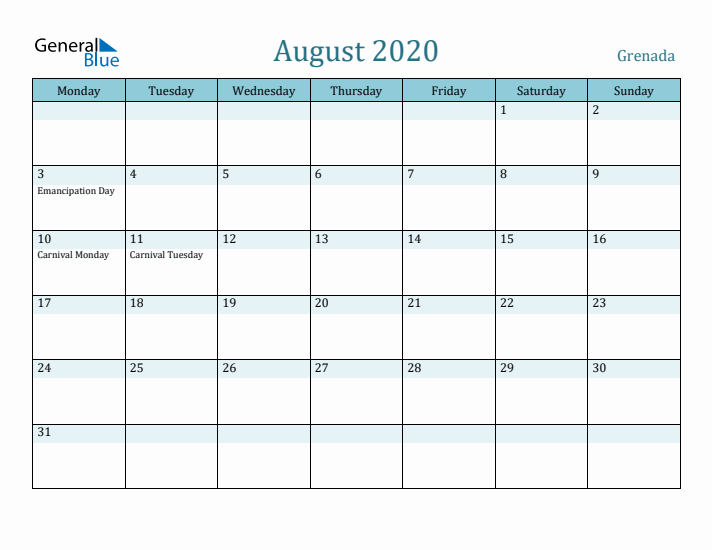 August 2020 Calendar with Holidays