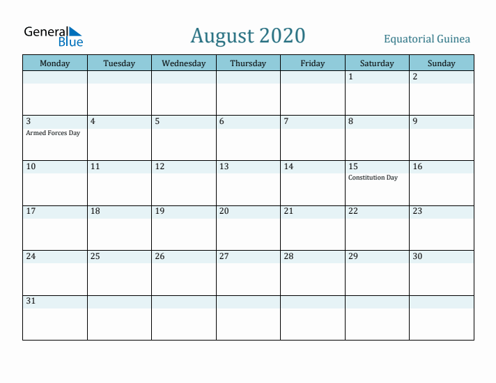 August 2020 Calendar with Holidays