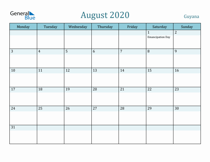 August 2020 Calendar with Holidays