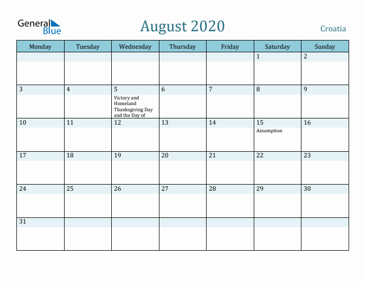 August 2020 Calendar with Holidays