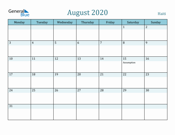 August 2020 Calendar with Holidays