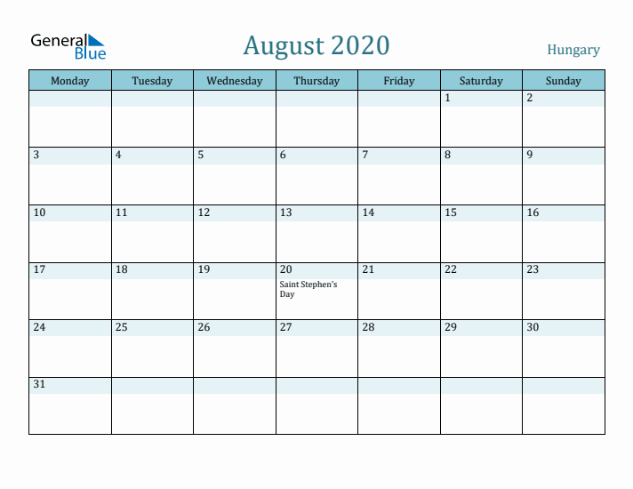 August 2020 Calendar with Holidays