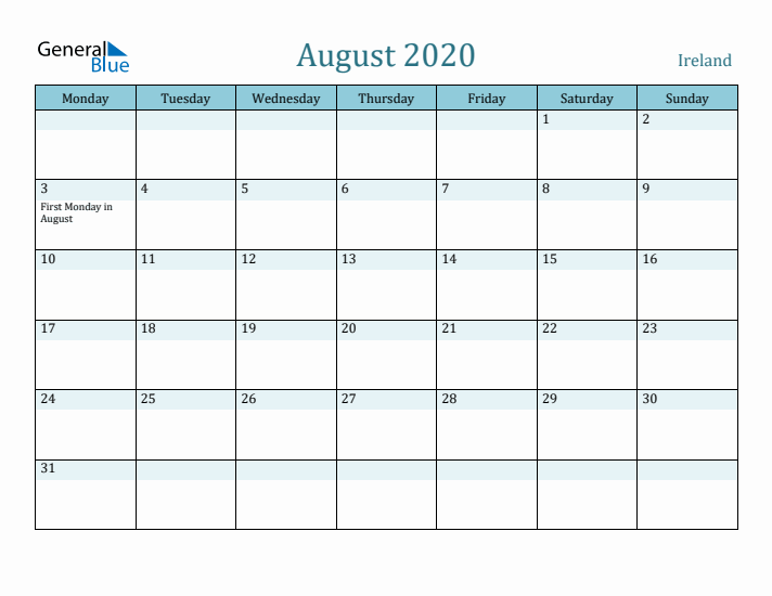 August 2020 Calendar with Holidays