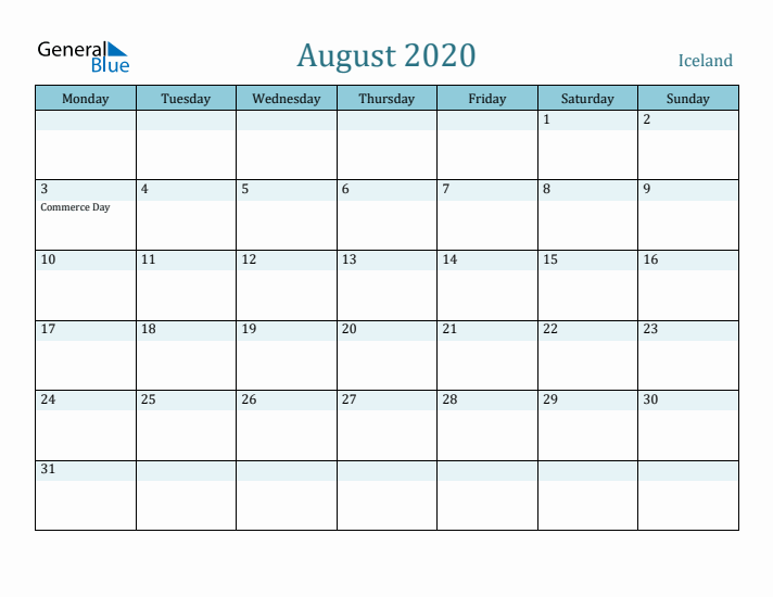 August 2020 Calendar with Holidays