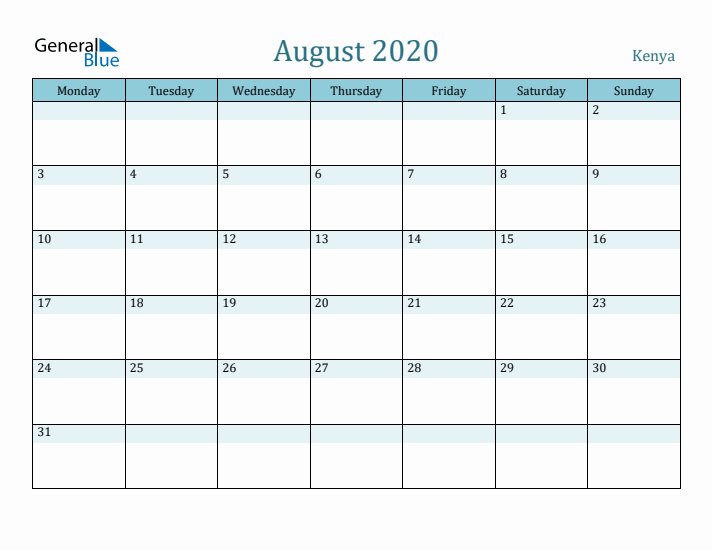 August 2020 Calendar with Holidays