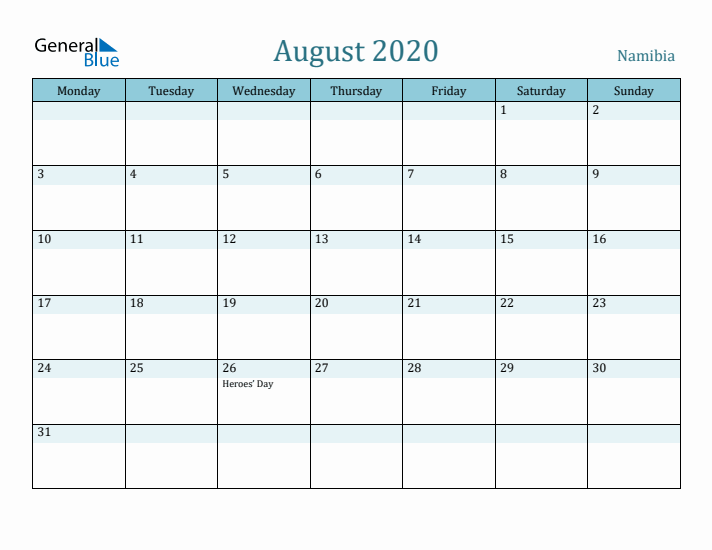 August 2020 Calendar with Holidays