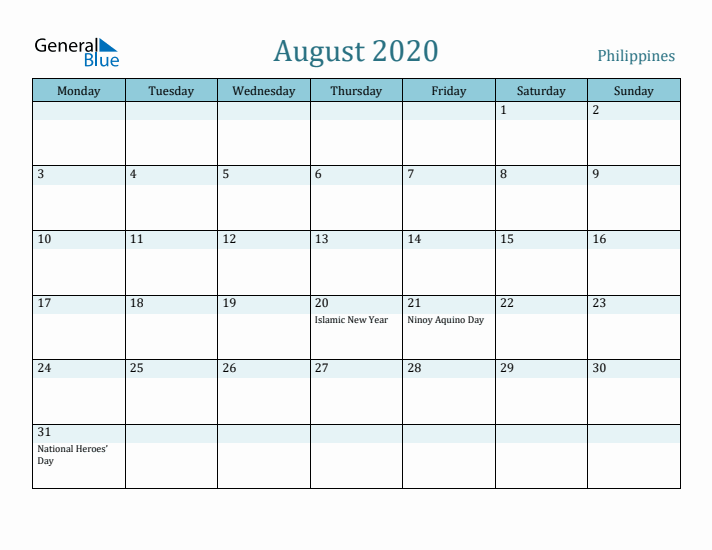 August 2020 Calendar with Holidays