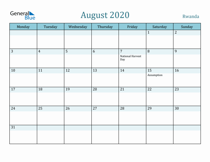 August 2020 Calendar with Holidays