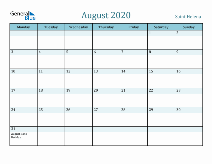 August 2020 Calendar with Holidays