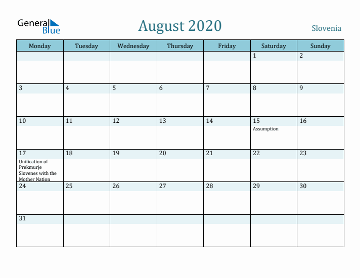 August 2020 Calendar with Holidays