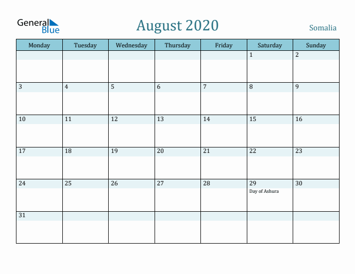 August 2020 Calendar with Holidays