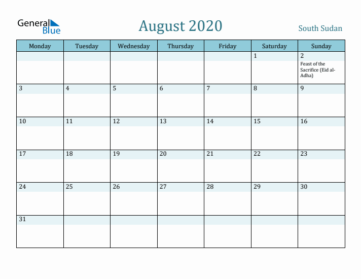 August 2020 Calendar with Holidays