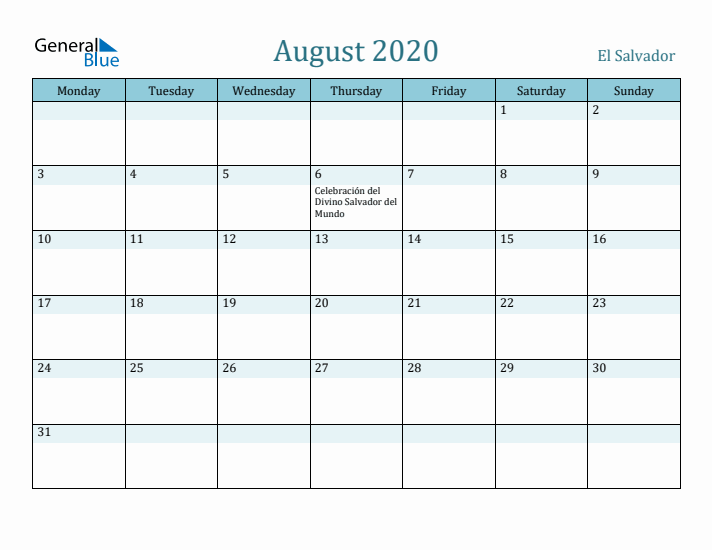 August 2020 Calendar with Holidays