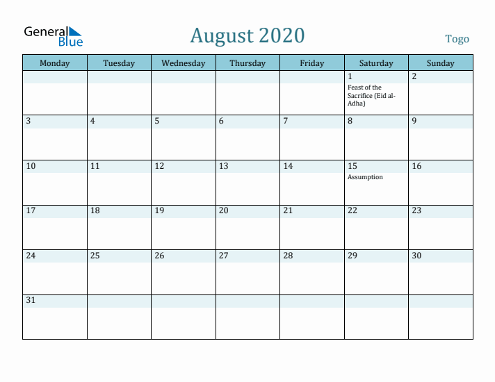 August 2020 Calendar with Holidays