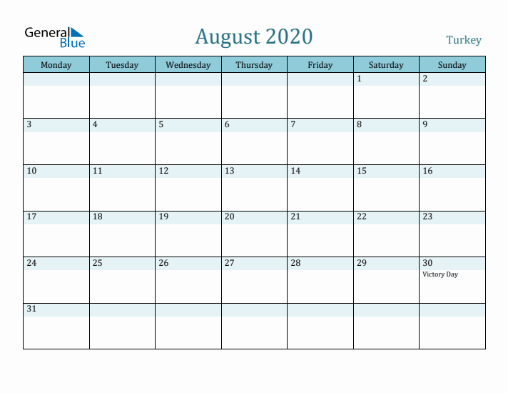 August 2020 Calendar with Holidays