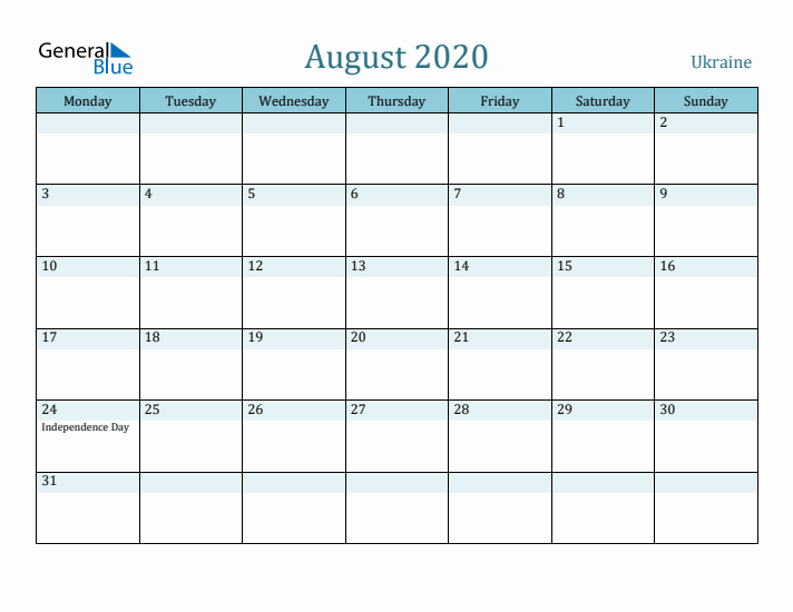 August 2020 Calendar with Holidays