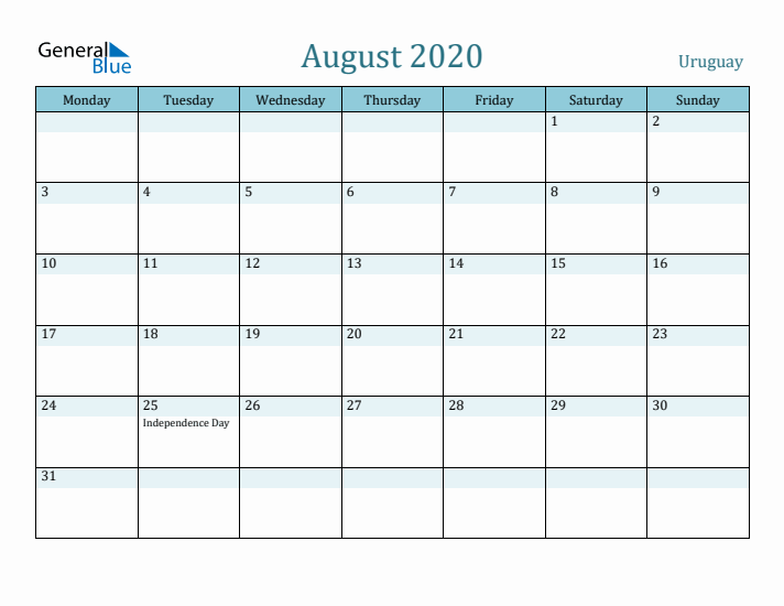 August 2020 Calendar with Holidays