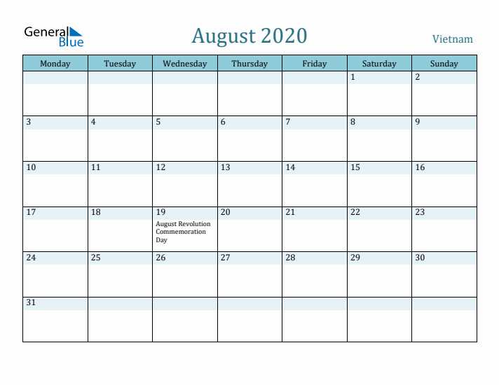 August 2020 Calendar with Holidays