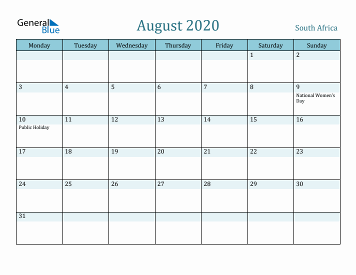 August 2020 Calendar with Holidays