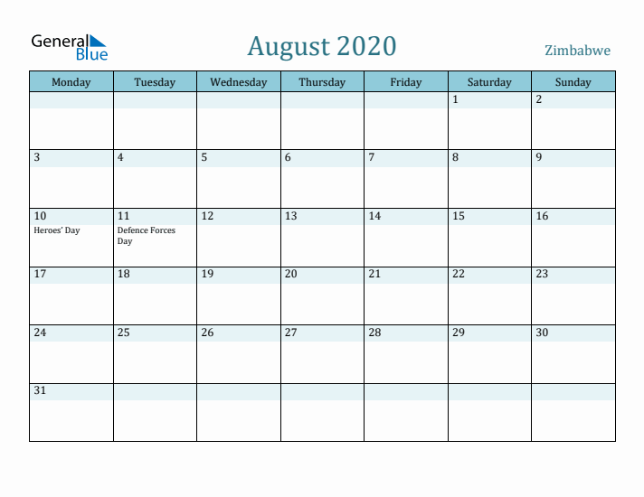 August 2020 Calendar with Holidays