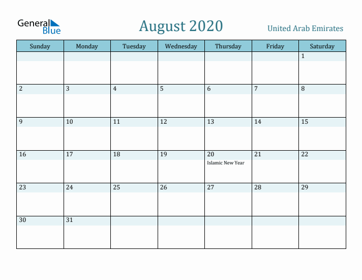 August 2020 Calendar with Holidays